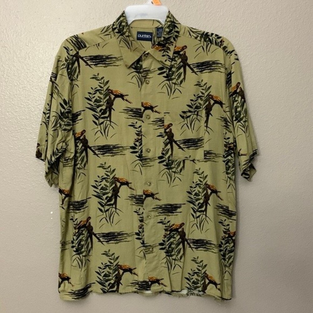 Puritan men’s Novelty print parrots and branch. Olive green. Size Large